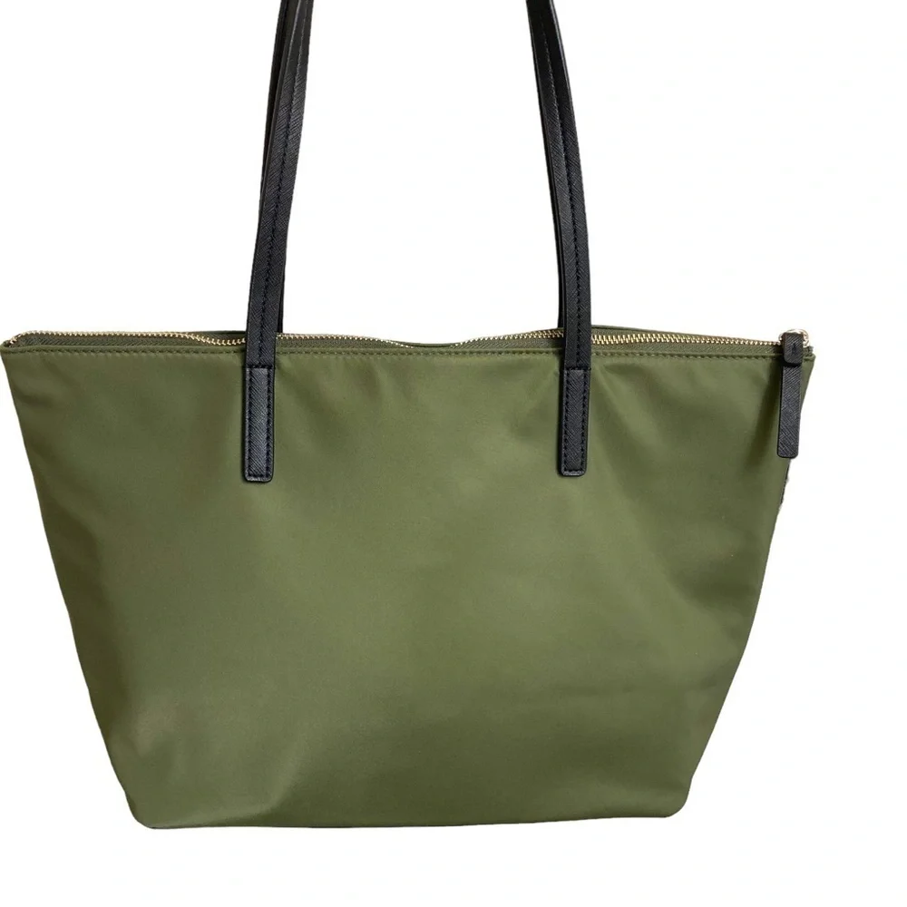 Kate spade olive green nylon black saffiano leather tote bag